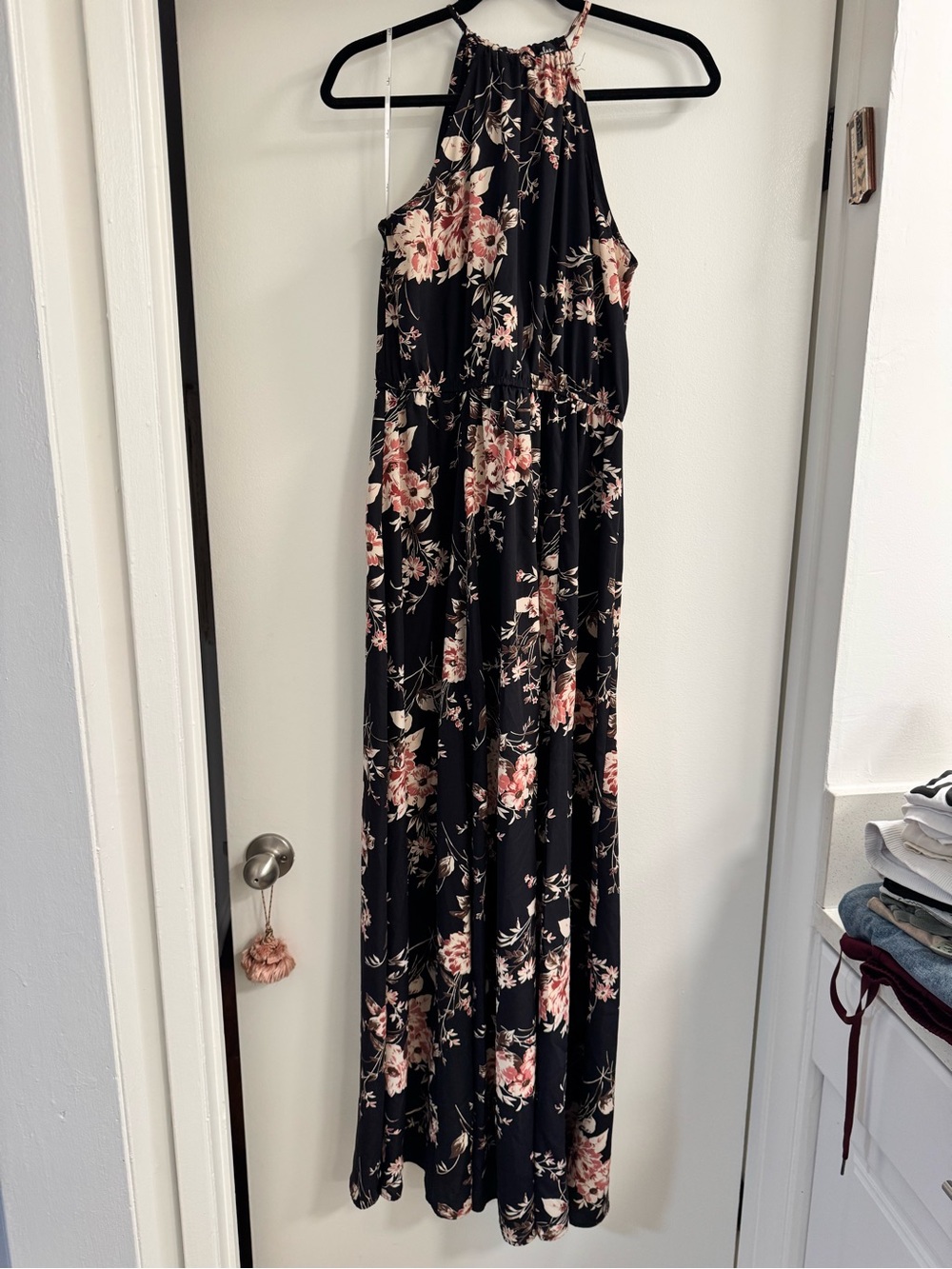 Floral Halter Maxi Dress - Dark Navy with Pink Floral